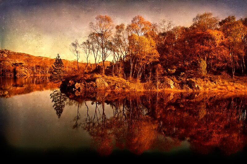 Autumn Trees by Lake — Orange, Serene, Sunset, Photograph, Hills