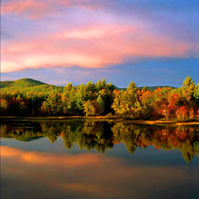 Autumn Trees by Lake — Orange, Serene, Sunset, Photograph, Mountain