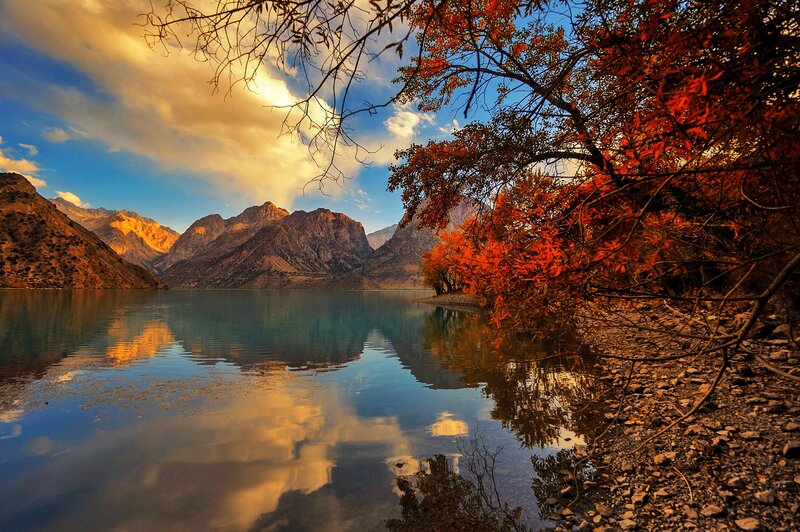 Autumn Trees by Lake — Orange, Serene, Sunset, Photograph, Mountains, Sky
