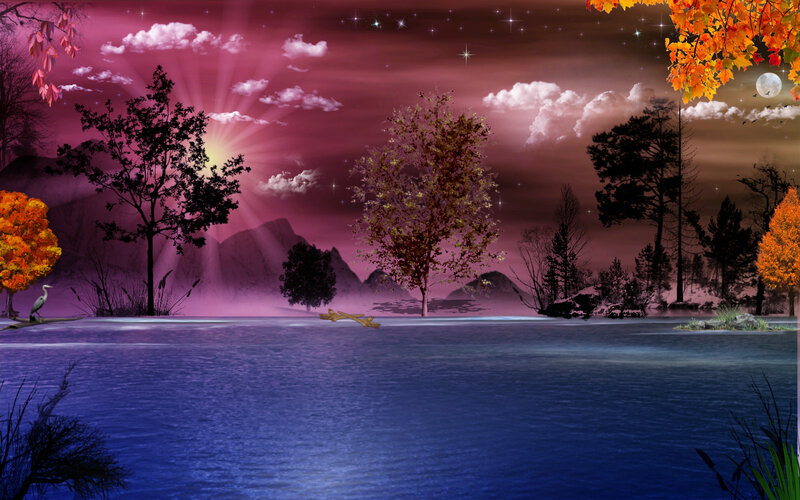 Autumn Trees by Lake — Purple, Serene