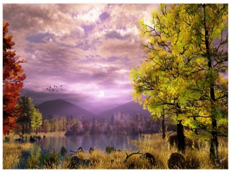 Autumn Trees by Lake — Purple