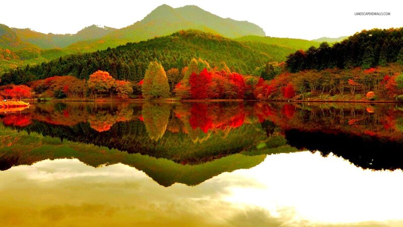 Autumn Trees by Lake — Red, Serene, Photograph, Mountain, Forest, Reflection