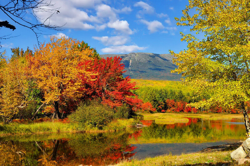 Autumn Trees by Lake — Red, Serene, Photograph, Mountain, Forest, Sky