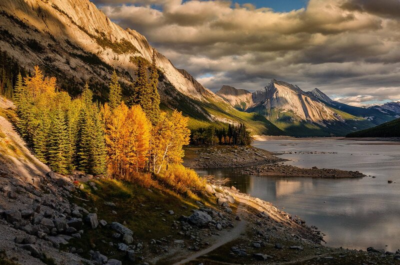 Autumn Trees by Lake — Yellow, Dramatic, Sunset