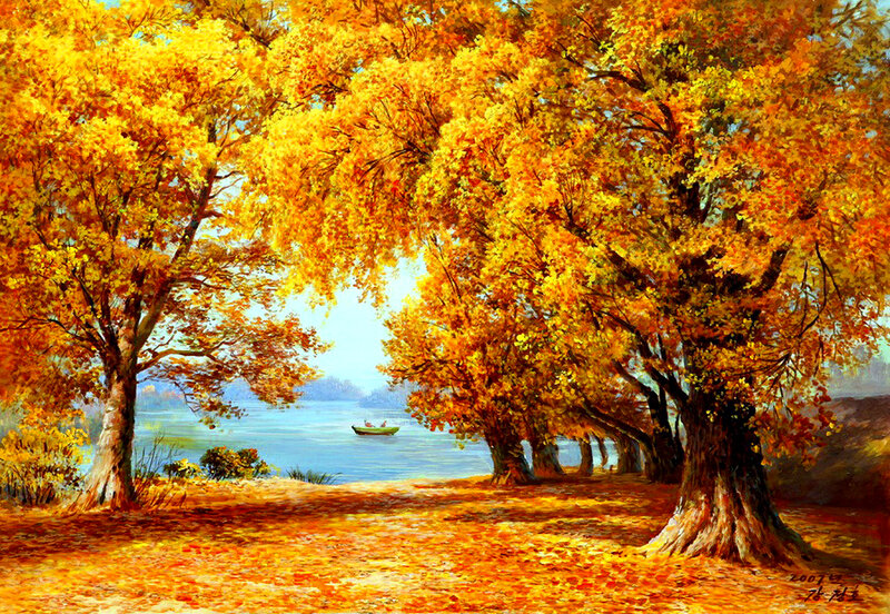 Autumn Trees by Lake — Yellow, Serene, Painting, Boat