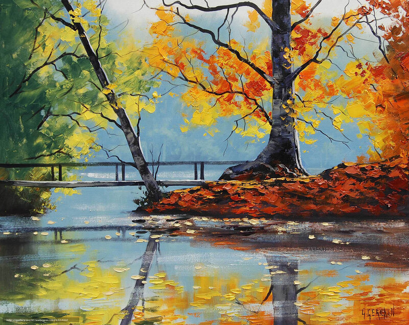Autumn Trees by Lake — Yellow, Serene, Painting, Tree