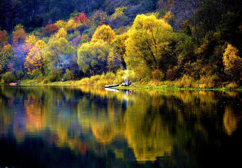 Autumn Trees by Lake — Yellow, Serene, Photograph, Boat