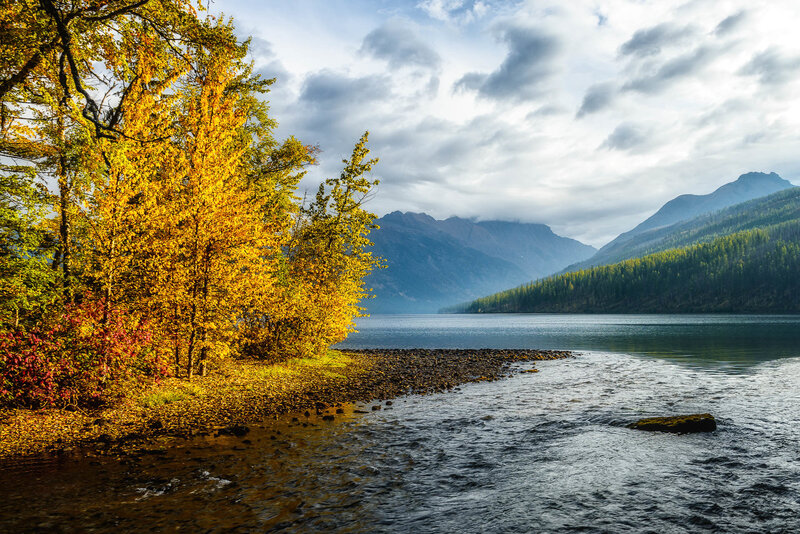 Autumn Trees by Lake — Yellow, Serene, Photograph, Mountains, Clouds