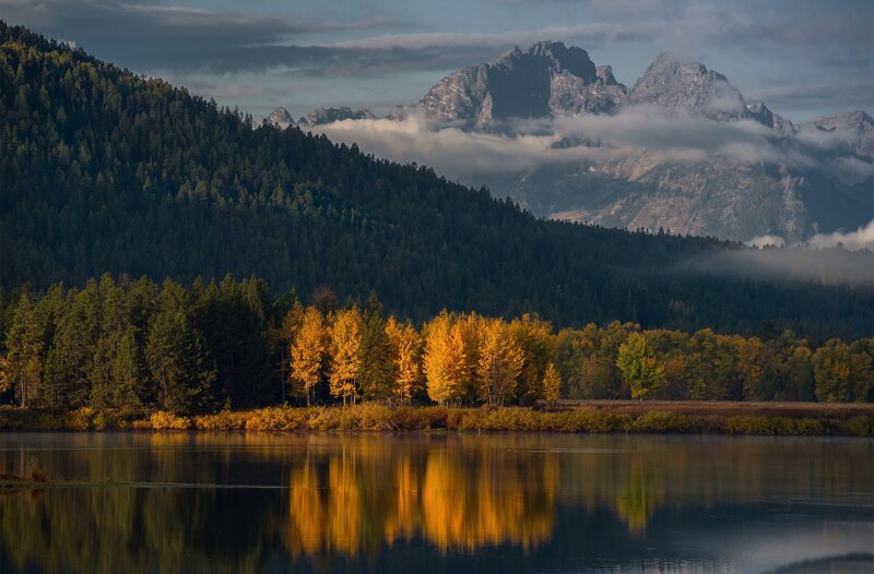 Autumn Trees by Lake — Yellow, Serene, Photograph, Mountains, Forest, Clouds