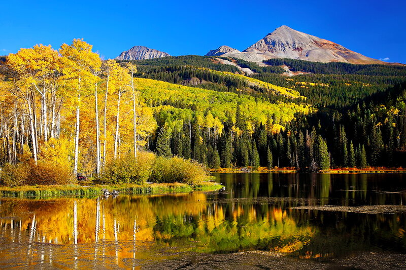 Autumn Trees by Lake — Yellow, Serene, Photograph, Mountains, Forest