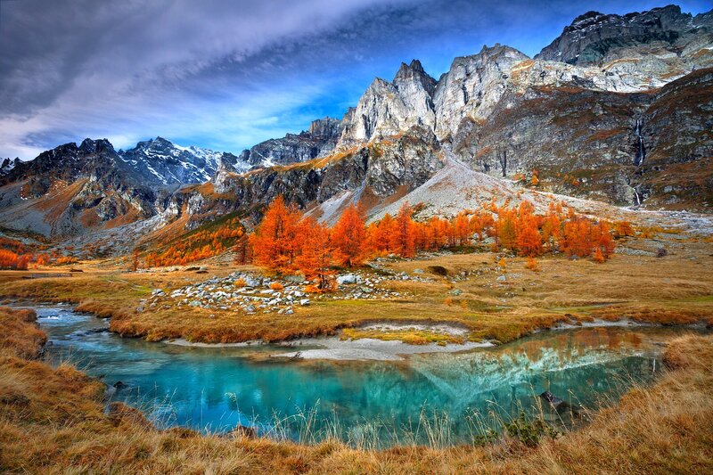 Autumn Trees by Mountain Lake — Blue