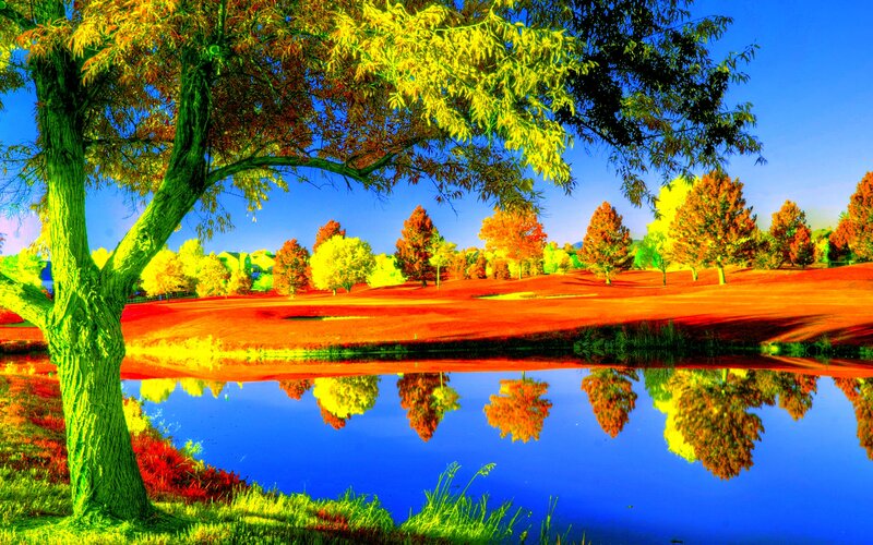 Autumn Trees by Pond — Blue, Serene, Digital Art