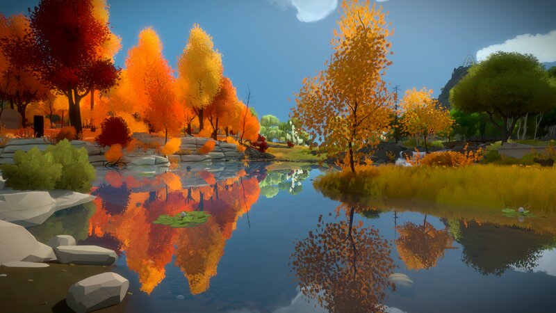 Autumn Trees by Pond — Orange, Serene, 3d Render