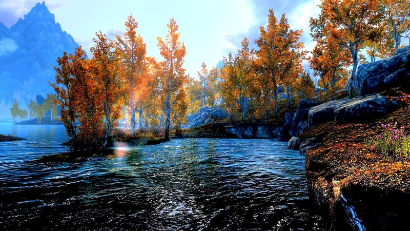 Autumn Trees by River — Blue, Serene, 3d Render