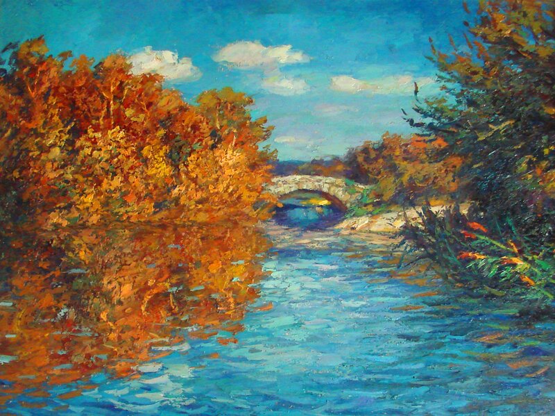 Autumn Trees by River — Blue, Serene, Painting, Bridge