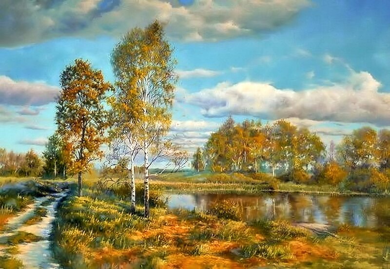 Autumn Trees by River — Blue, Serene, Painting, Sky