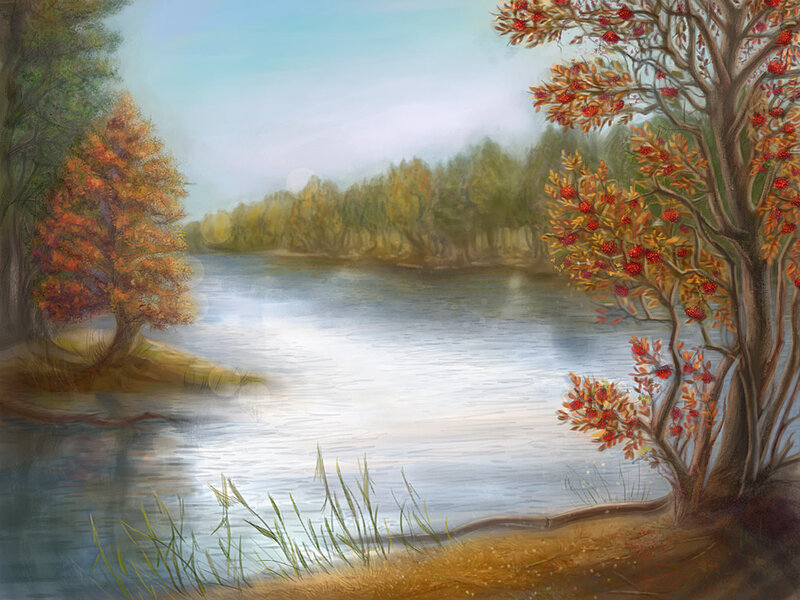 Autumn Trees by River — Blue, Serene, Painting