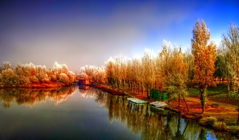 Autumn Trees by River — Blue, Serene, Photograph, Reflection