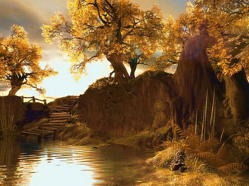 Autumn Trees by River — Gold, Serene
