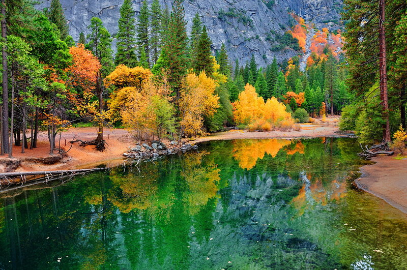 Autumn Trees by River — Green, Serene, Photograph, Mountain