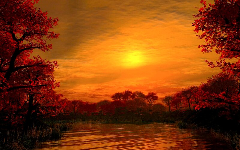Autumn Trees by River — Orange, Dramatic, Sunset, Digital Art