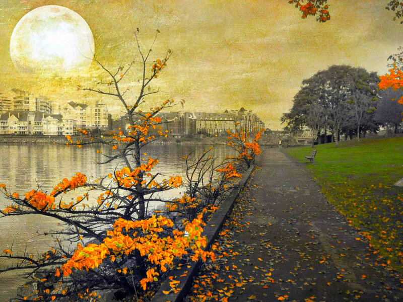 Autumn Trees by River — Orange, Serene, Night