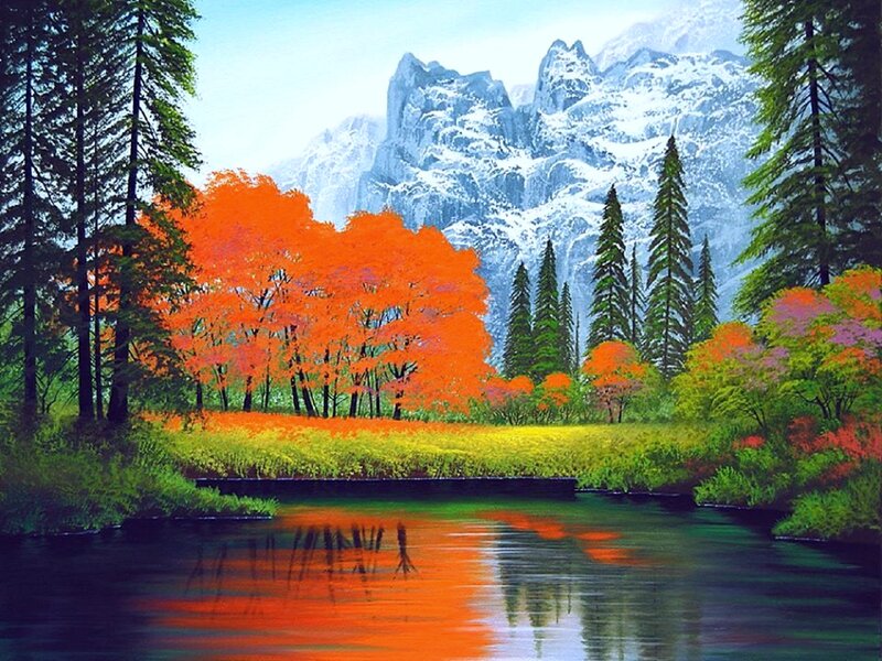 Autumn Trees by River — Orange, Serene, Painting, Mountains