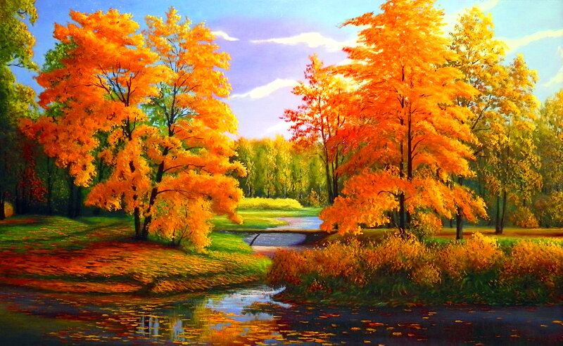 Autumn Trees by River — Orange, Serene, Painting, Sky