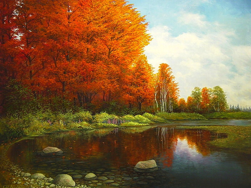 Autumn Trees by River — Orange, Serene, Painting