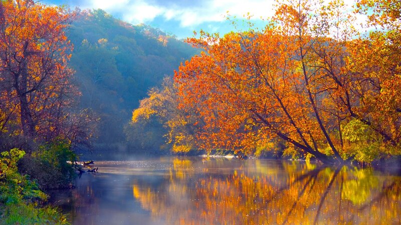Autumn Trees by River — Orange, Serene, Photograph, Hills, Mist, Yellow