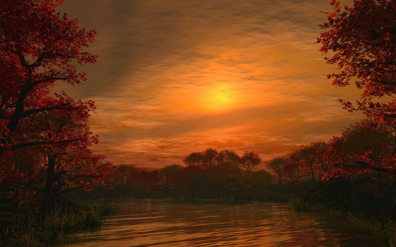 Autumn Trees by River — Orange, Serene, Sunset, Digital Art, Sky