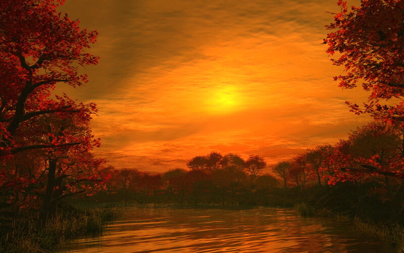 Autumn Trees by River — Orange, Serene, Sunset, Digital Art