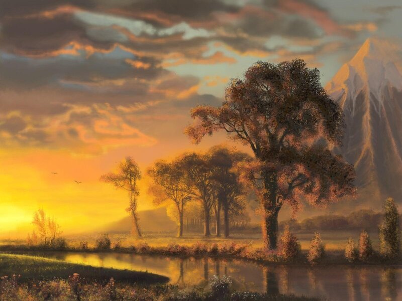 Autumn Trees by River — Orange, Serene, Sunset, Painting, Mountain