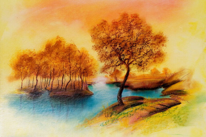 Autumn Trees by River — Orange, Serene, Sunset, Painting, Sky
