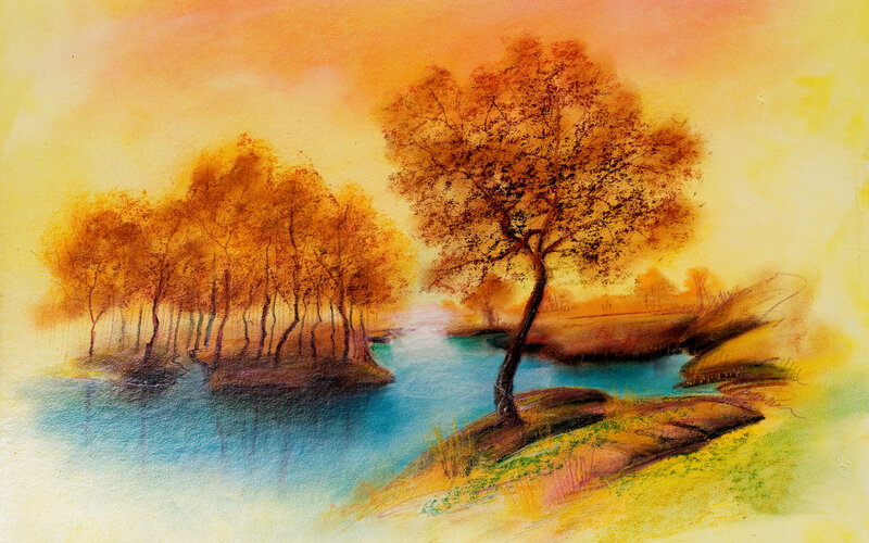 Autumn Trees by River — Orange, Serene, Sunset, Painting