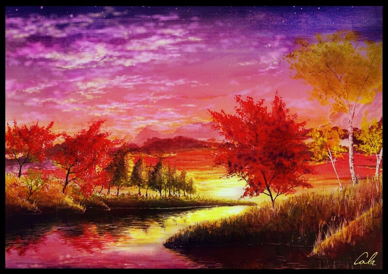 Autumn Trees by River — Red, Dramatic, Sunset
