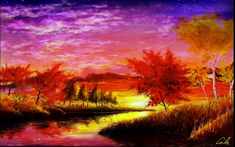 Autumn Trees by River — Red, Dramatic