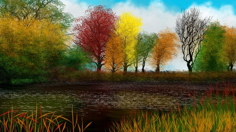 Autumn Trees by River — Red, Serene, Digital Art