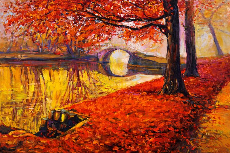 Autumn Trees by River — Red, Serene, Painting, Bridge