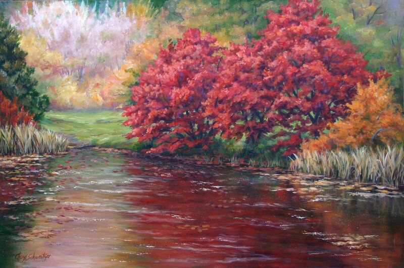 Autumn Trees by River — Red, Serene, Painting, Grass, Green