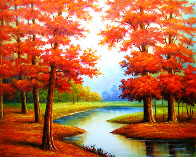 Autumn Trees by River — Red, Serene, Painting, Grass