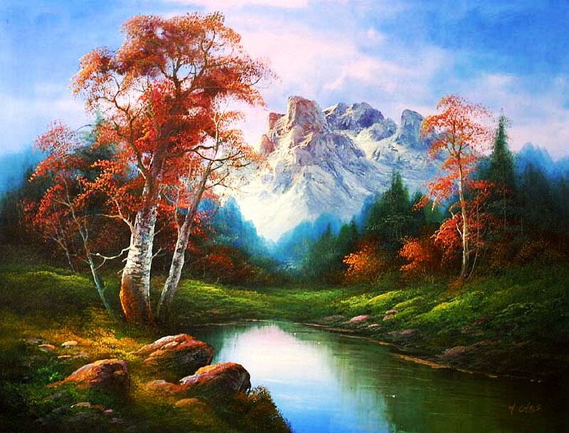 Autumn Trees by River — Red, Serene, Painting, Mountain