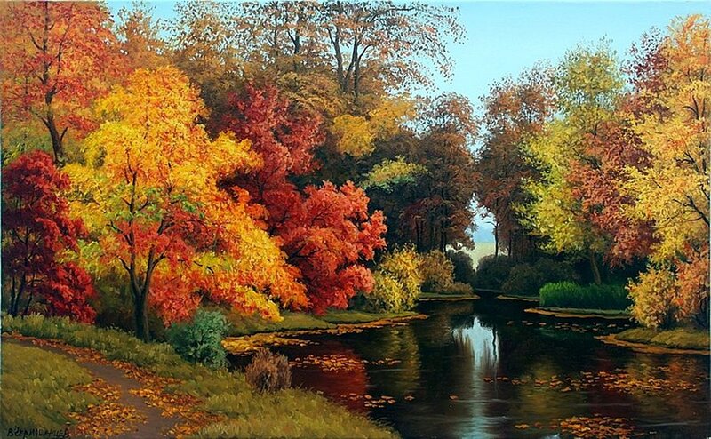Autumn Trees by River — Red, Serene, Painting, Path