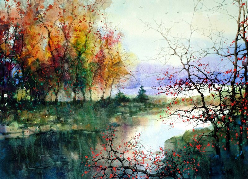 Autumn Trees by River — Red, Serene, Painting, Sky