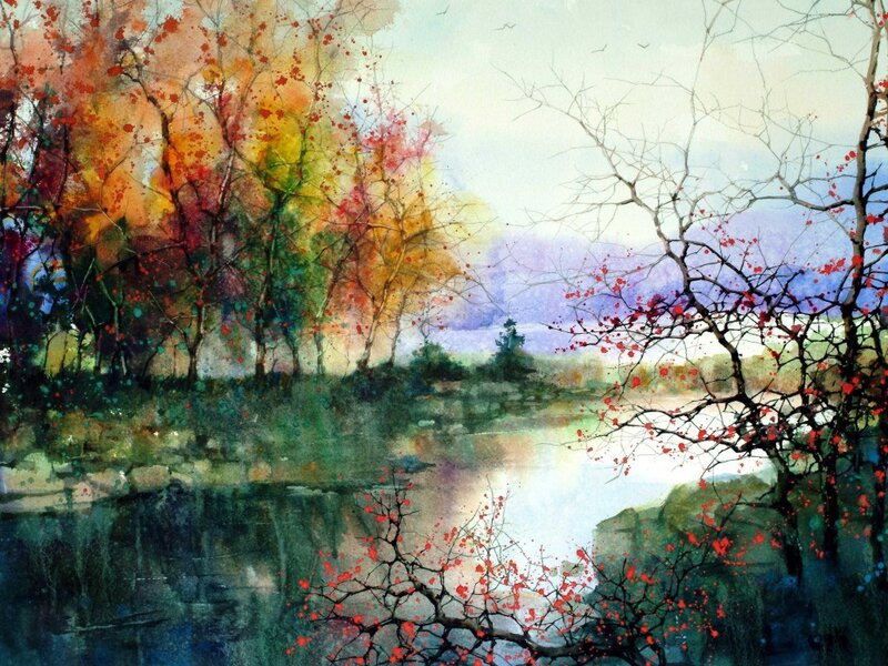 Autumn Trees by River — Red, Serene, Painting