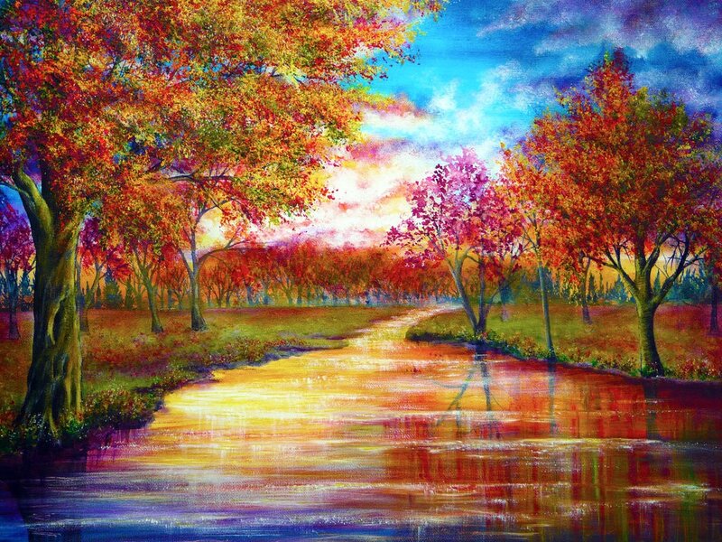 Autumn Trees by River — Red, Serene, Sunset