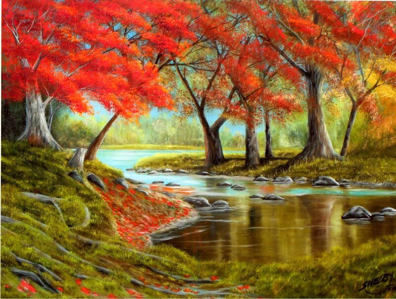 Autumn Trees by River — Red