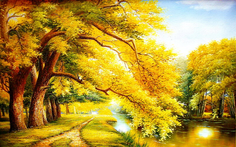 Autumn Trees by River — Yellow, Serene, Painting, Path