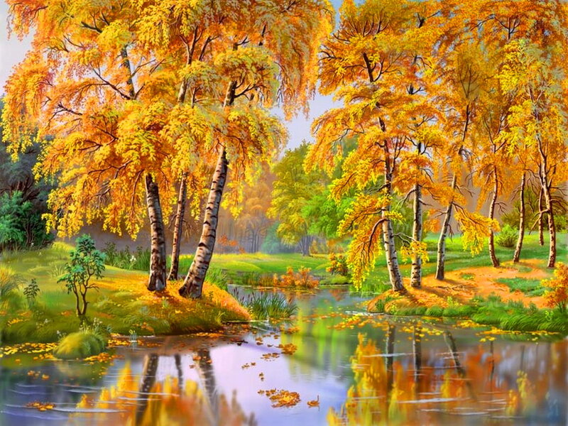 Autumn Trees by River — Yellow, Serene, Painting