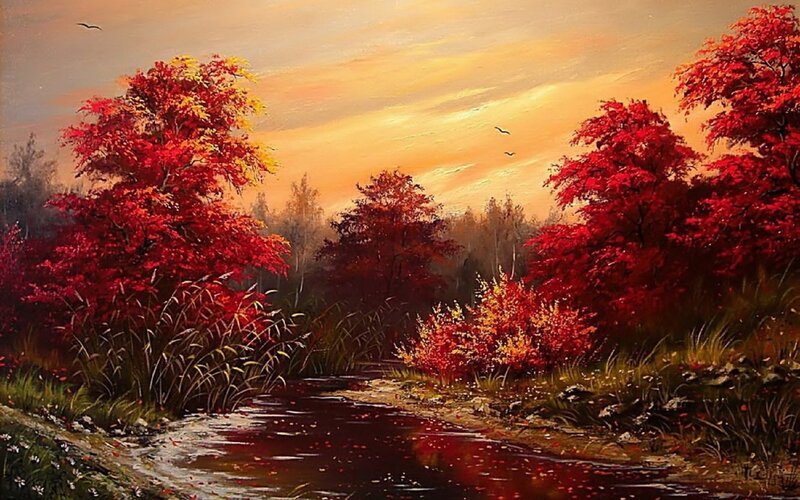 Autumn Trees by Stream — Red